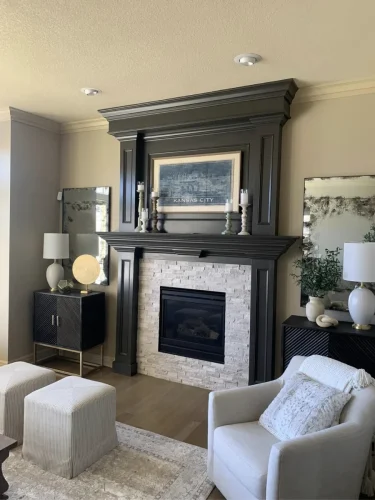 fireplace mantle woodwork professionally painted in contemporary charcoal finish.